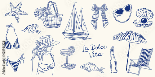 Hand drawn Italian summer vacation illustration set. Vector summer elements in grunge rough doodle sketch style. Sea weekend blue chalk charcoal style drawings for poster, placard or emblem.