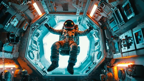 Mid air float scene with astronaut suspended in spacecraft chamber.