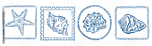 Vintage marine stamp with hand drawn seashells. Minimalist vintage marine prints. Summer coastal design elements for trendy poster, invitation, banner, menu cover. Retro frame or border design