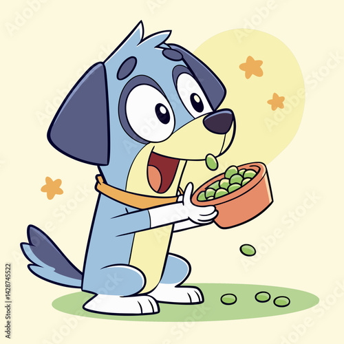 Bluey Cartoon Dog Eating Lima Beans Vector Illustration