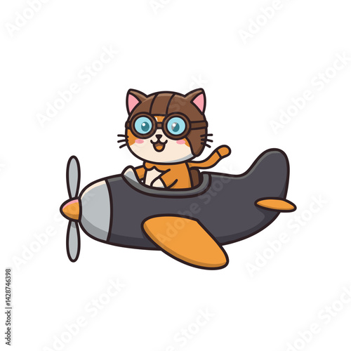 Cartoon joyful cat pilot flies on an airplane, for children's teaching materials, cards to professions