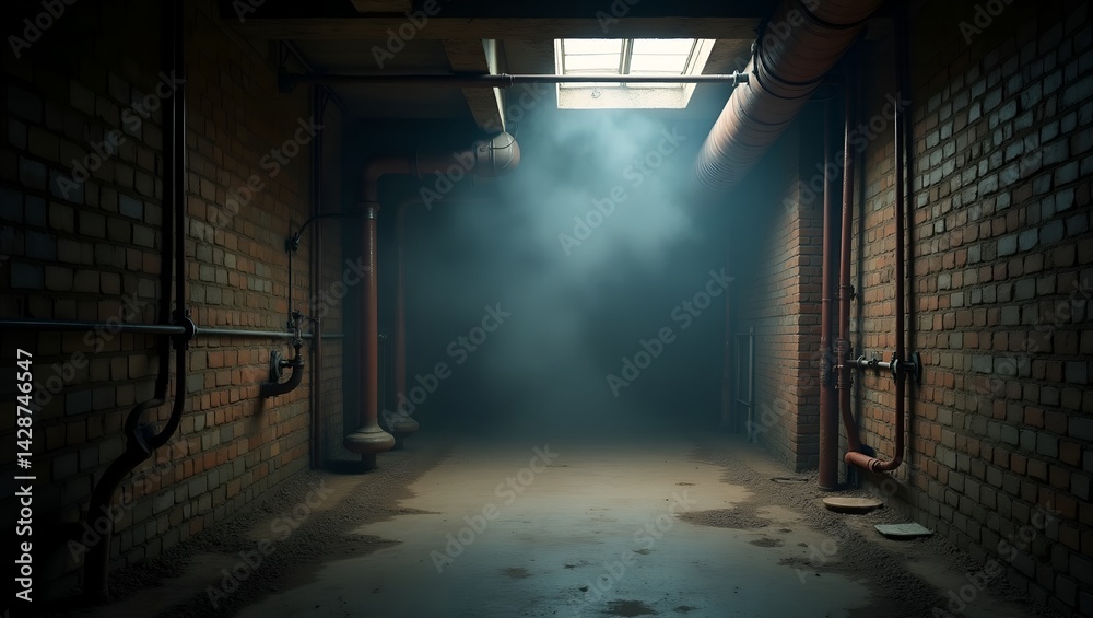 A dimly lit gritty and weathered industrial basement A dimly lit gritty and weathered industrial basement