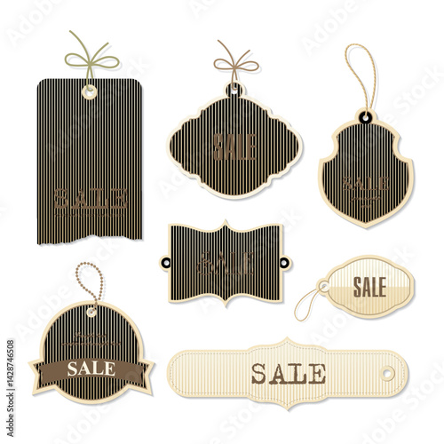 Vector illustration of seven hanging "SALE" tags with different shapes, including rectangular, scalloped, shield-shaped, round, and banner-style. Ideal for adding your own text or graphics for various