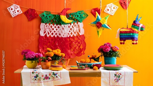 A festive setup features a table with colorful decorations against an orange-yellow gradient background. Hanging paper ornaments include a green crescent moon, a multicolored star, and a small piñata.