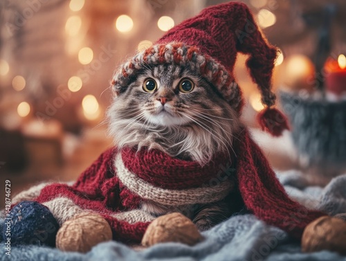 Adorable Fluffy Cat in a Cozy Knit Sweater for Christmas