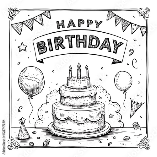 Happy Birthday Celebration Sketch with Cake Balloons and Party Decorations