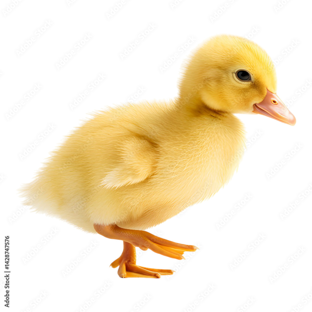 Fototapeta premium Adorable yellow duckling striking a playful pose on a white background