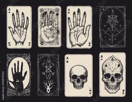 Mystical magic boho elements. Witchcraft astrological set. Esoteric alchemy sketch for tattoo. Palmistry and skull, the hand of a dead man. Drawn Engraved Game Cards and Black Cat.