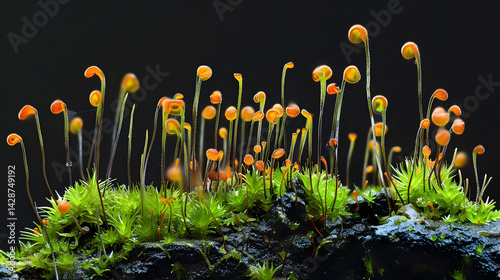 Captivating close-up of fruiting moss offering a unique botanical beauty shot for nature enthusiasts and designers to create visually stunning projects