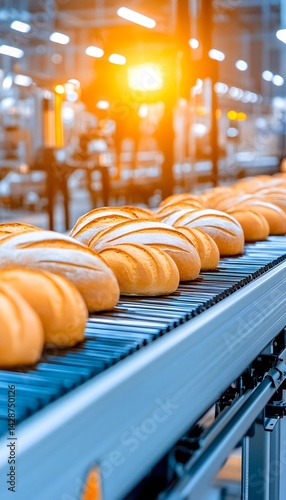 Freshly baked loaves moving on a conveyor belt in a modern bakery