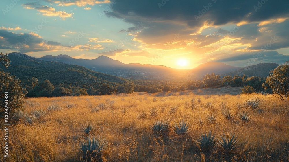 Golden sunset over a field of agave plants Golden sunset over a field of agave plants