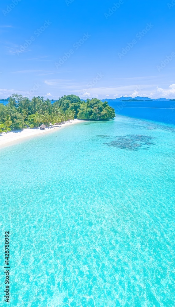 Fototapeta premium Idyllic tropical beach with clear turquoise water and lush green foliage