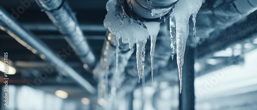 Frozen Pipes: Icicles Hanging from Industrial Pipes