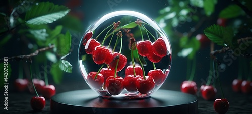 Mini world of cherry in round magic protector, ai generative