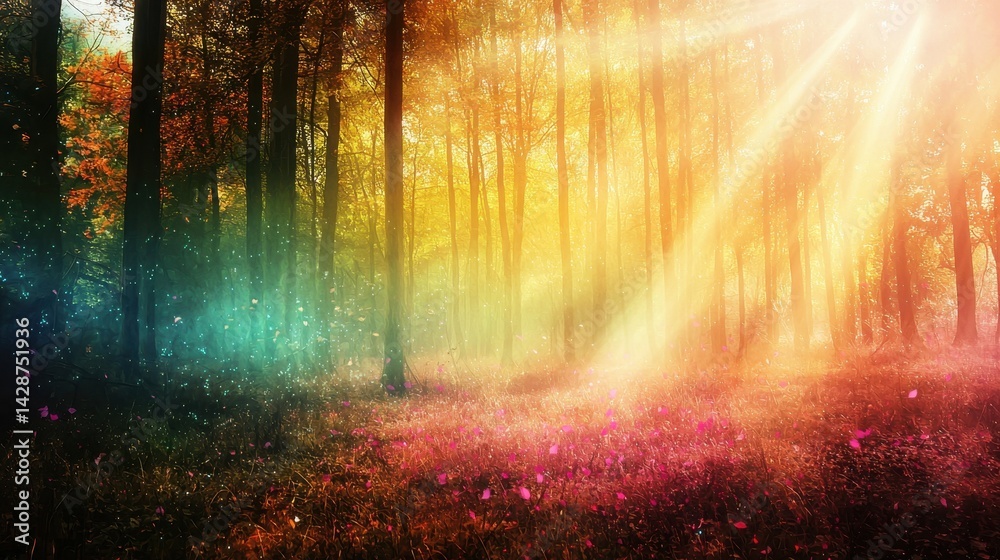 Fototapeta premium Sunbeams Illuminating a Mystical Forest Floor Strewn with Pink Flowers and Long Shadows Cast by Trees in a Colorful Ethereal Scene Full of Life