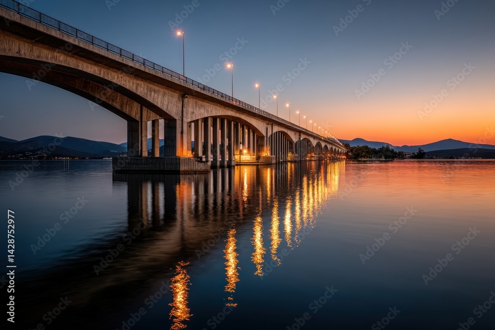 Bridge arches over reflective water, evening sky, lights, serene, calm scene Bridge arches over reflective water, evening sky, lights, serene, calm scene