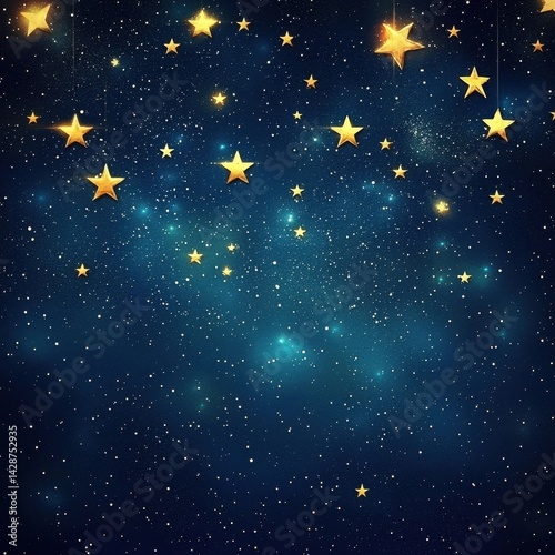 A Captivating Dark Blue Night Sky Adorned with Twinkling White Stars and Enchanting Golden Stars Suspended from Invisible Sts Above Earth