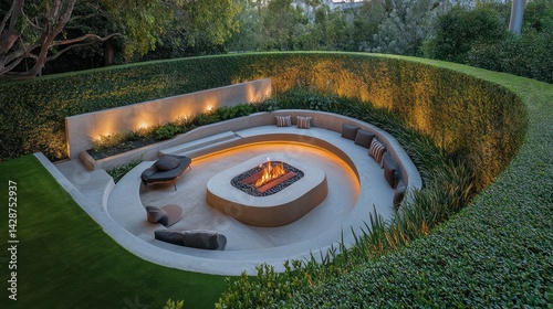 Modern sunken fire pit patio, lush garden, evening ambiance, luxury outdoor living