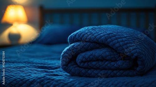 Cozy Blue Blanket on a Bed at Night