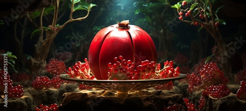Mini world of Pomegranate in round magic protector, ai generative