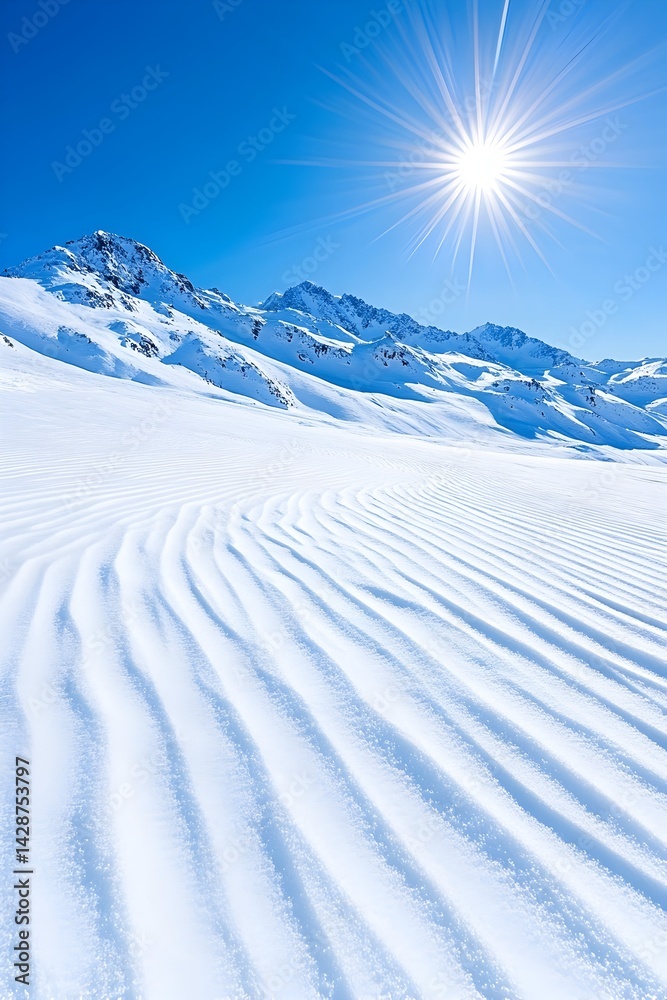 Sunlit snowdrifts ripple across a pristine, snow-covered mountain valley under a brilliant blue sky Sunlit snowdrifts ripple across a pristine, snow-covered mountain valley under a brilliant blue sky