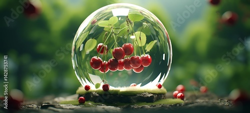 Mini world of cherry in round magic protector, ai generative