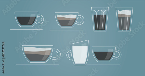 A clean vector illustration showcasing different types of Italian coffee, including macchiato, espresso, and cappuccino, served in both cups and glass tumblers.