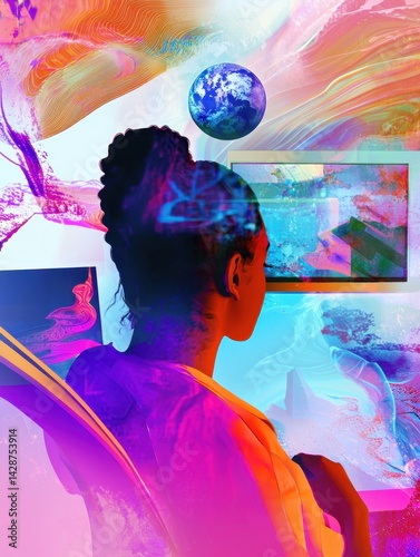 Surreal Digital Artwork Featu a Black Woman Observing Abstract Imagery on a Computer Screen with Vibrant Swirling Colors in the Background