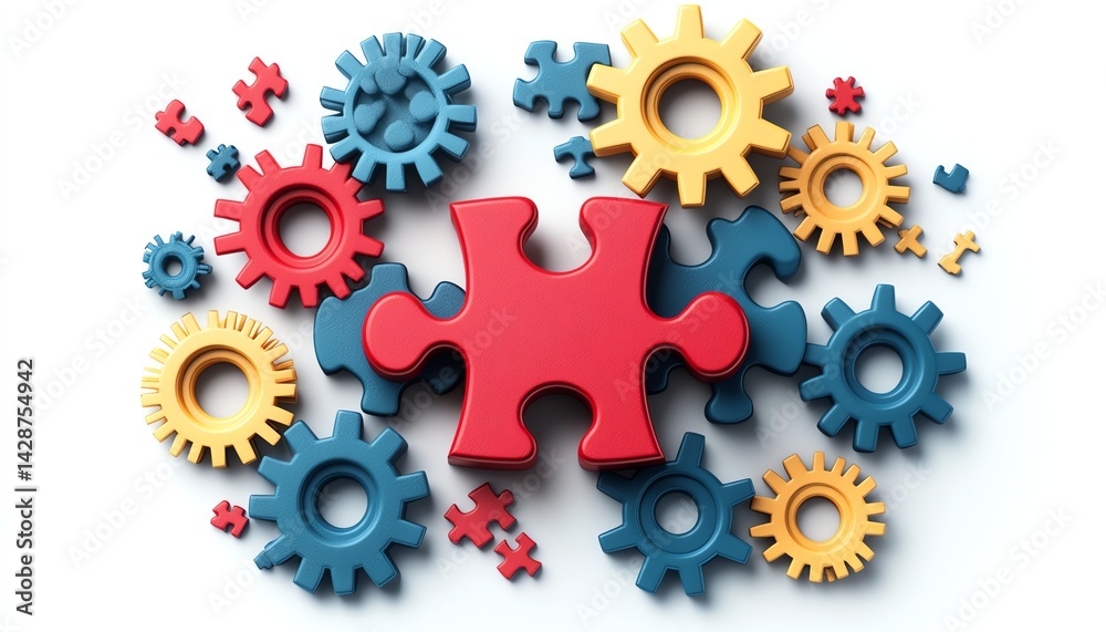 Vibrant puzzle piece surrounded by gears, representing the integration of various project tools, modern technology and teamwork, white background illustration, highquality render Vibrant puzzle piece surrounded by gears, representing the integration of various project tools, modern technology and teamwork, white background illustration, highquality render