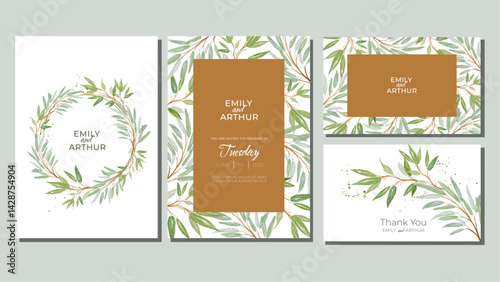 Set of Wedding Invitation and Thank You Cards with Leaves Hand Painted with Watercolour. Vector Templates