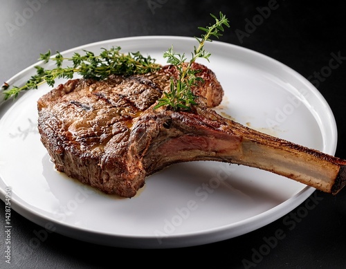 juicy grilled tomahawk steak on a white plate garnished with herbs ready to be served