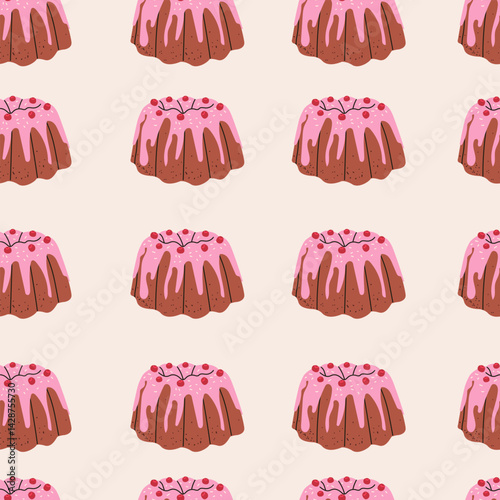Pattern with holiday berry cupcake with meringue for stickers and decoration. Vector hand drawn elegant illustration in vintage sketch style. Cliparts for birthday, wedding valentines designs