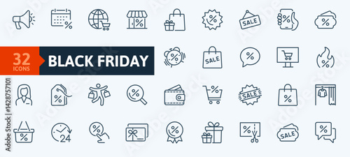 Set of 32 outline icons related to shopping. Linear icon collection. Black Friday, Sale Day. Big discount and gift for customers. 