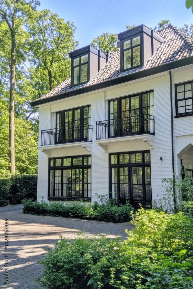 Charming white modern house with large windows surrounded by lush greenery and trees in a tranquil neighborhood on a bright sunny day Charming white modern house with large windows surrounded by lush greenery and trees in a tranquil neighborhood on a bright sunny day