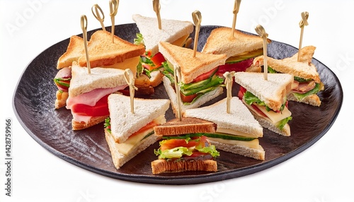platter of assorted finger sandwiches cut into triangular shapes isolated on white background