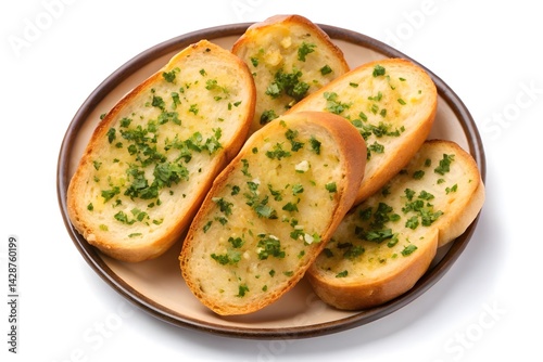 Deliciously golden garlic bread slices on a plate.