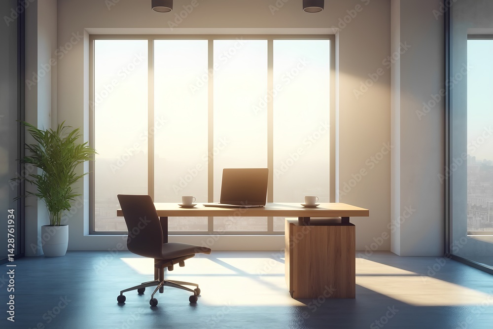 Fototapeta premium Bright office workspace with modern furniture and city view during sunset hour