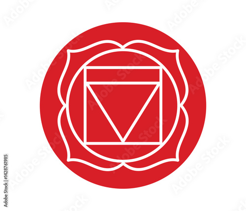 Muladhara chakra icon. First root chakra. Line symbol in red circle. Sacral sign. Vector illustration on white background
