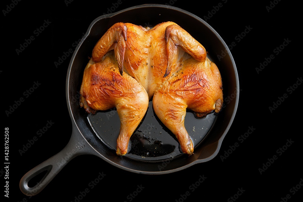 Roasted half chicken in pan on black background
