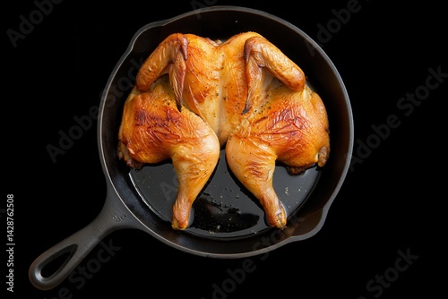 Obraz na płótnie Roasted half chicken in pan on black background w salonie