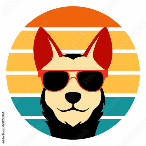 Cute Dog Head Sunglasses Retro Sunset Art