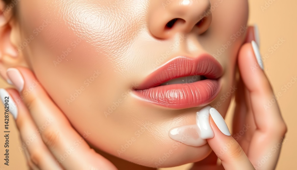 Fototapeta premium Close-up of flawless skin, moisturizing cream application, beige background, beauty, spa