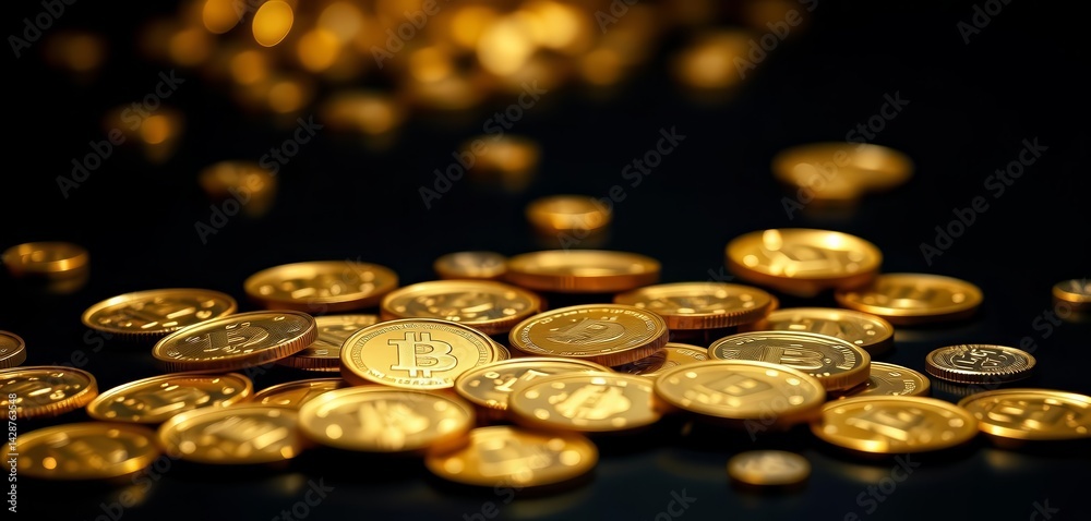 Close-up of gleaming gold coins scattered on dark surface, implying wealth, treasure, economy Close-up of gleaming gold coins scattered on dark surface, implying wealth, treasure, economy