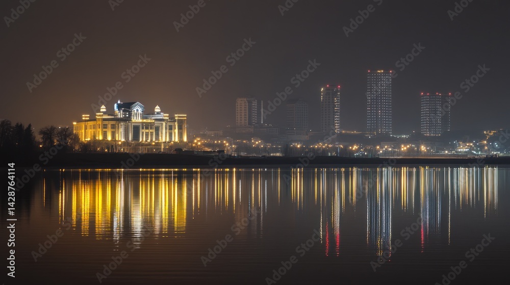 Naklejka premium Night cityscape reflection on calm water, illuminated buildings and skyscrapers, serene atmosphere