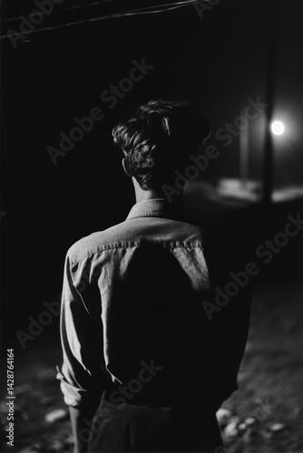 Back View of Man in Denim Shirt Facing a Distant Streetlight at Night Representing Loneliness