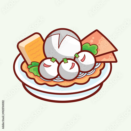 Cute cartoon vector of Bakso, Indonesian meatball soup with noodles, tofu, crackers, and vegetables on a plate. Whimsical and delicious food illustration.