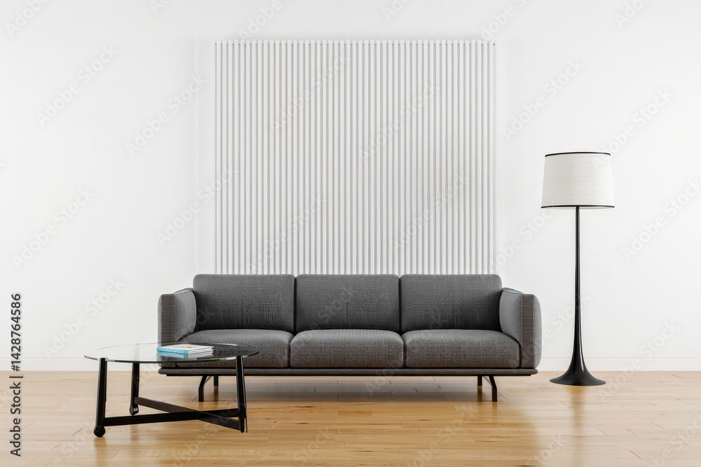 Modern Living Room Interior With Radiator On Blank Wall, Sofa, Coffee Table And Floor Lamp