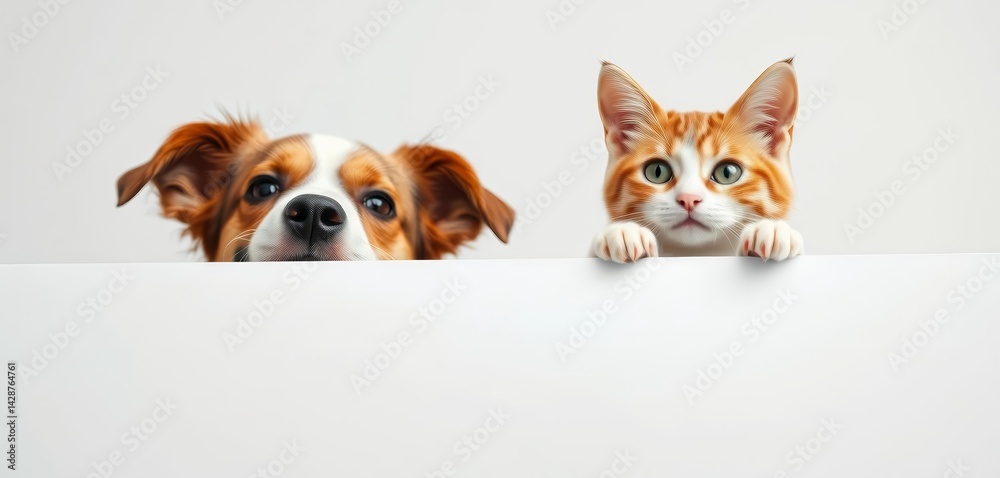 Happy dog and cat peeking over whiteboard, isolated, advertising, white Happy dog and cat peeking over whiteboard, isolated, advertising, white