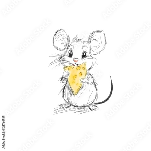 Cute Sketch Mouse Holding Cheese - Hand Drawn Illustration photo