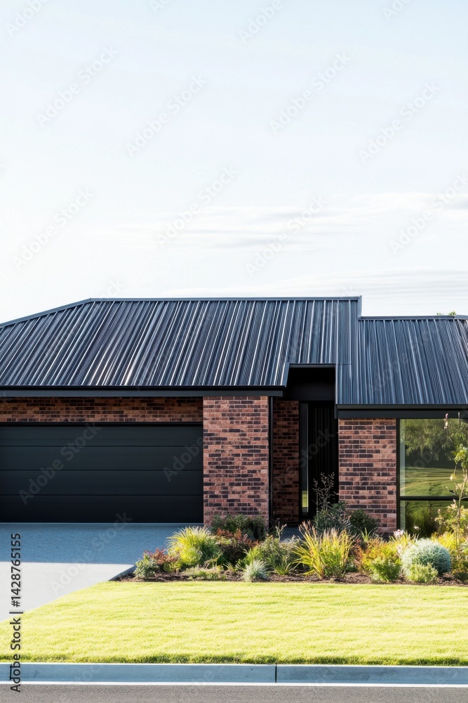 Fototapeta premium This contemporary, single-story brick residence boasts a sleek architectural design and features a beautifully landscaped yard, all set in a picturesque suburban environment basking in bright daylight